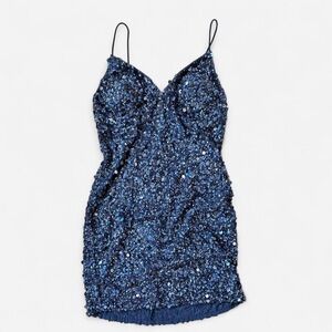 Blue sequin bodycon mini holiday cocktail party glam doll dress